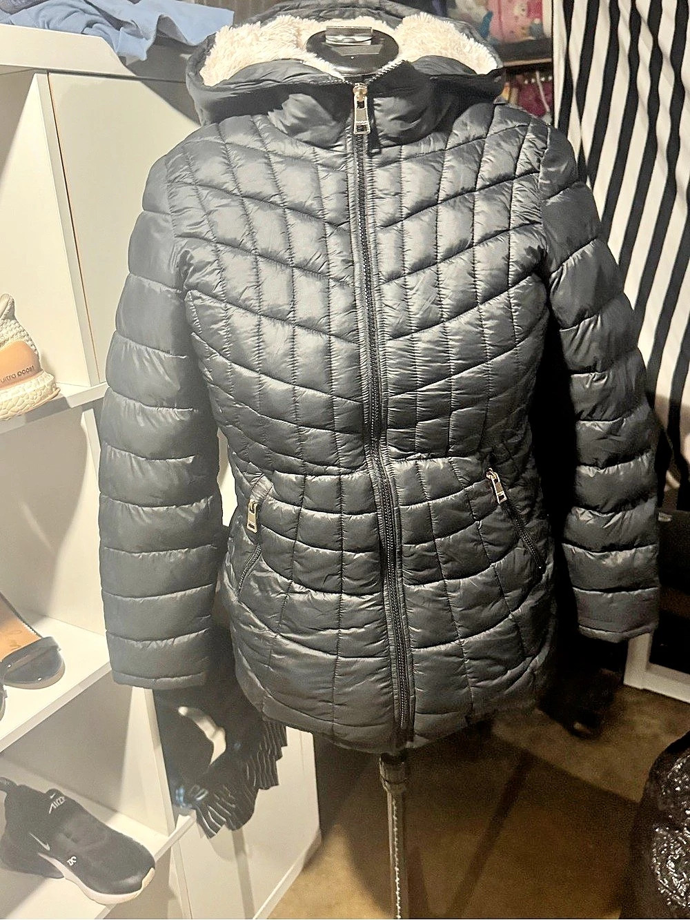 beBe Sport Faux Fur Trim Puffer Jacket in Black Like New